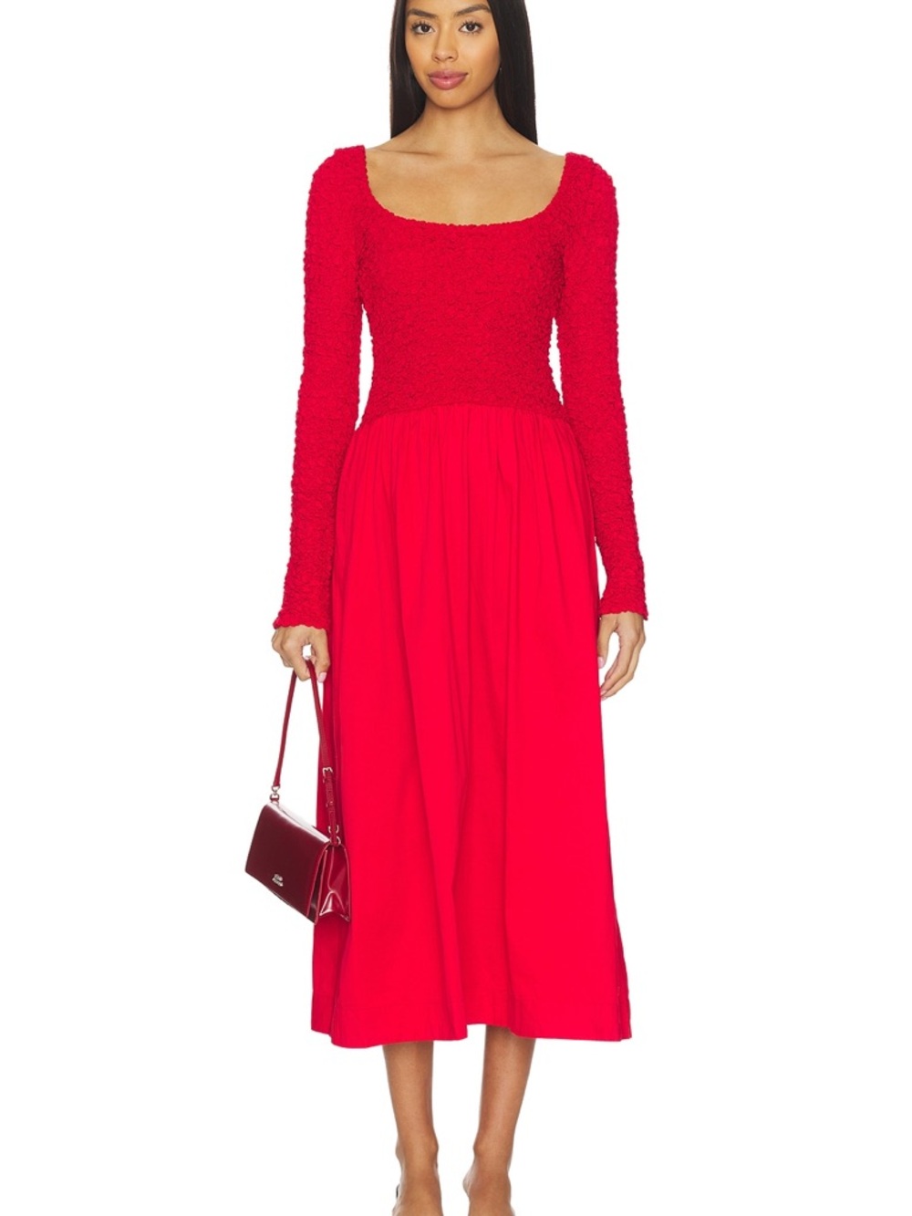 Damson Madder Red Long-Sleeve Smocked Midi Dress